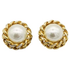 Christian Dior Vintage 1970s Extra Large Round Pearl Interlock Clip Earrings