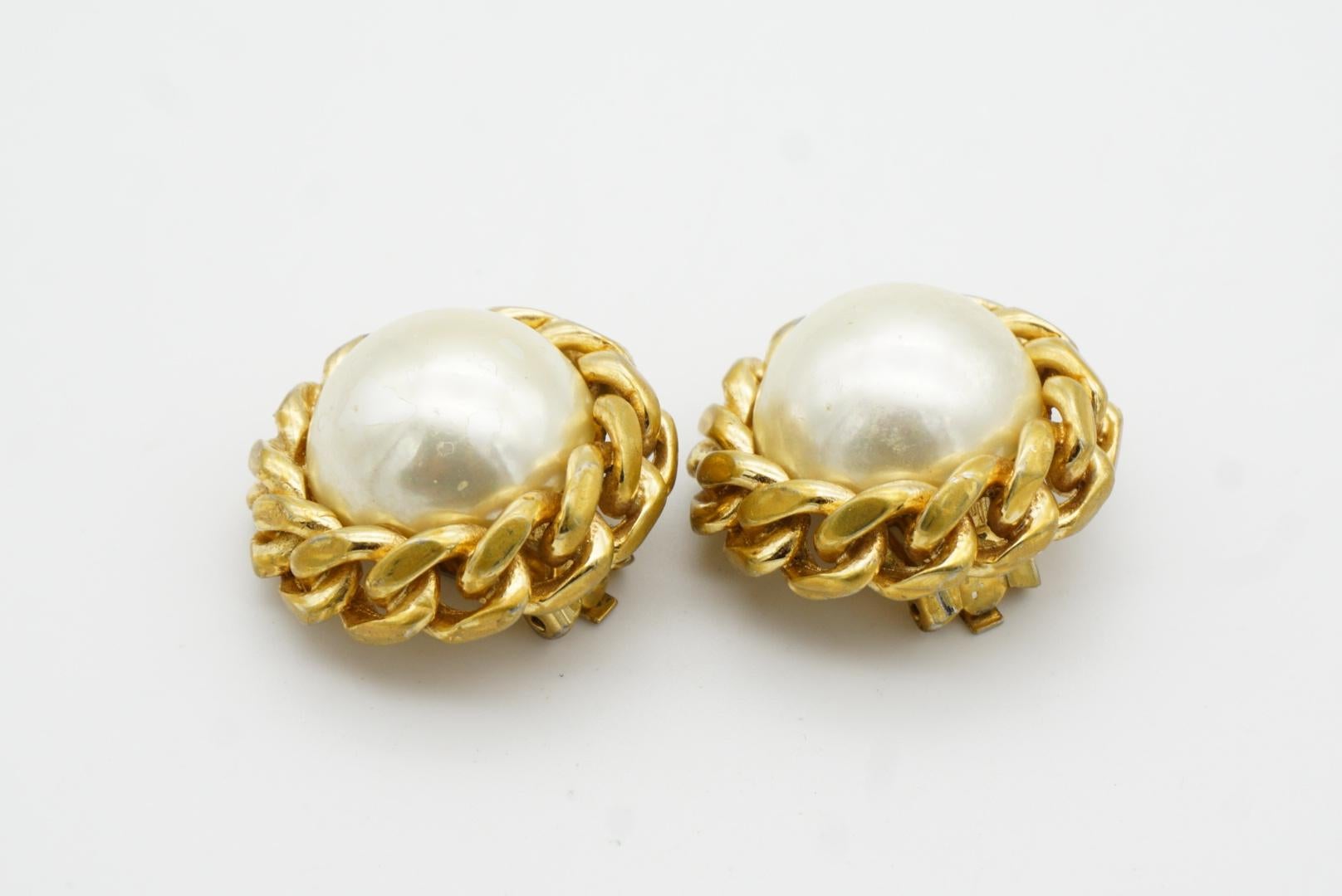 Christian Dior Vintage 1970s Extra Large Round White Pearl Interlocked Earrings 4