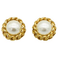 Christian Dior Vintage 1970s Extra Large Round White Pearl Interlocked Earrings