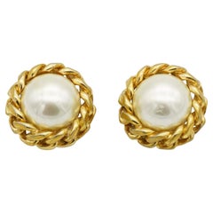 Christian Dior Vintage 1970s Extra Large Round White Pearl Interlocked Earrings
