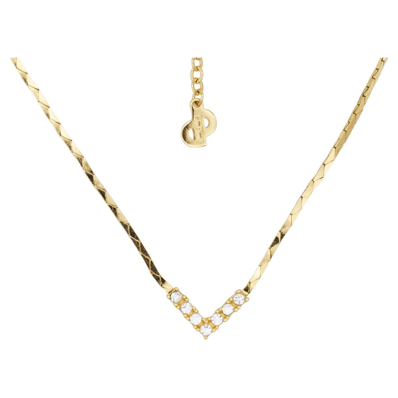 Christian Dior Vintage 1970s Gold Crystals Triangle Exquisite Chain Necklace