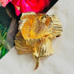 Christian Dior Vintage 1970s Gold Large Textured Rose Blossom Statement Brooch