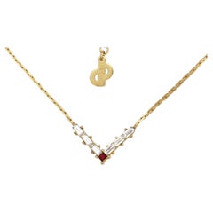 Christian Dior Vintage 1970s Gold Ruby Clear Crystals Triangle Arrow Necklace