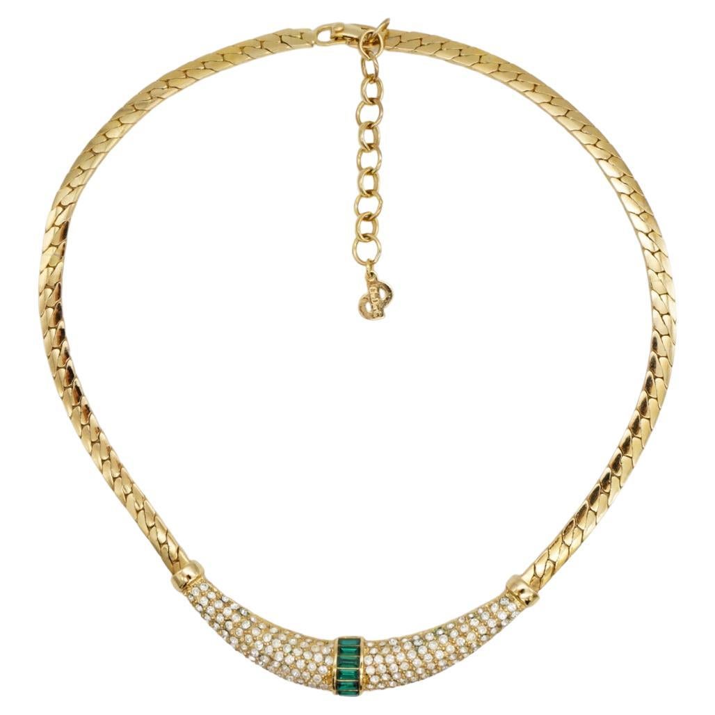 Christian Dior Vintage 1970s Gripoix Emerald Crescent Moon Crystals Necklace