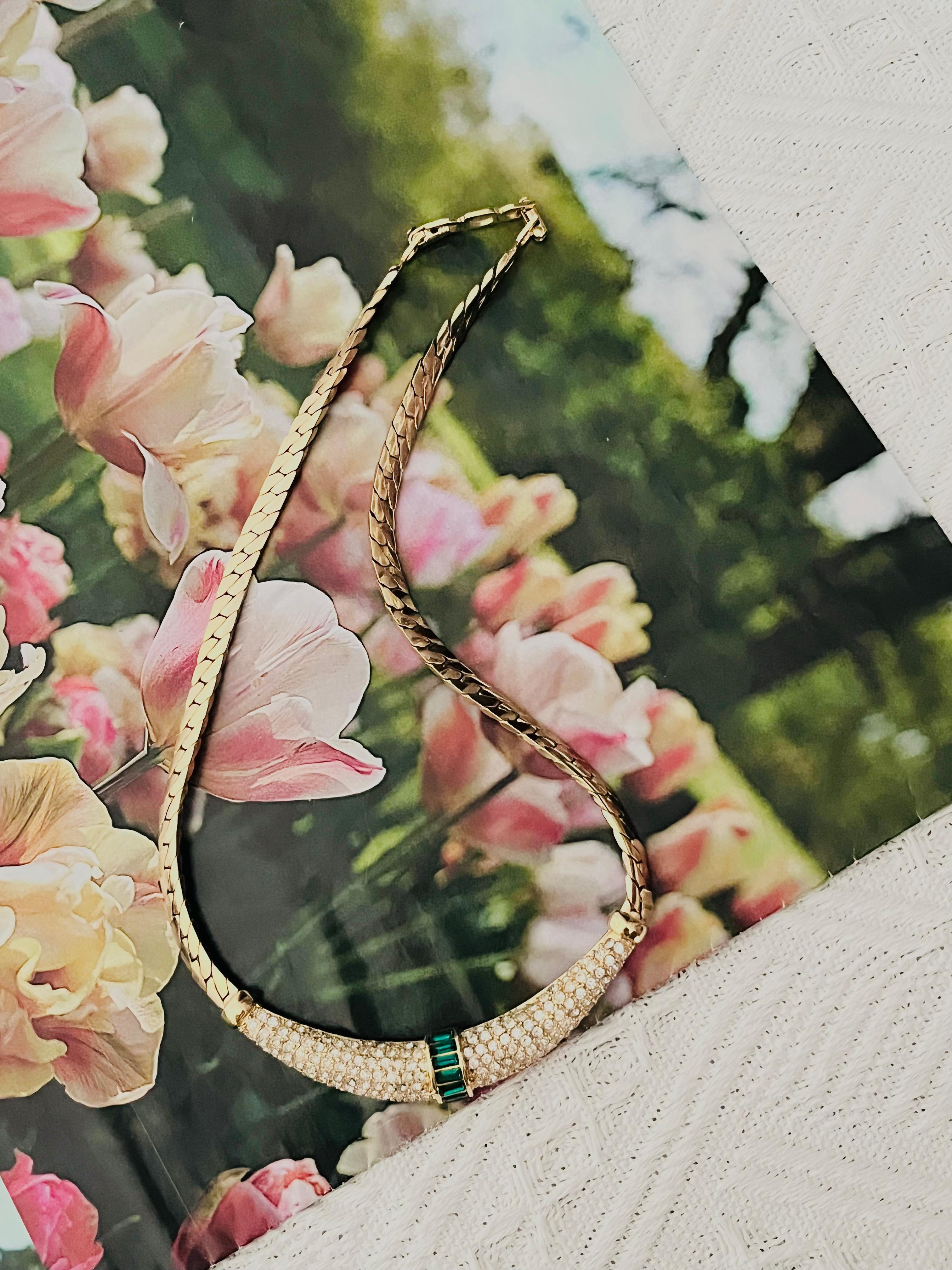 Art Deco Christian Dior Vintage 1970s Gripoix Emerald Moon Crystals Crescent Necklace