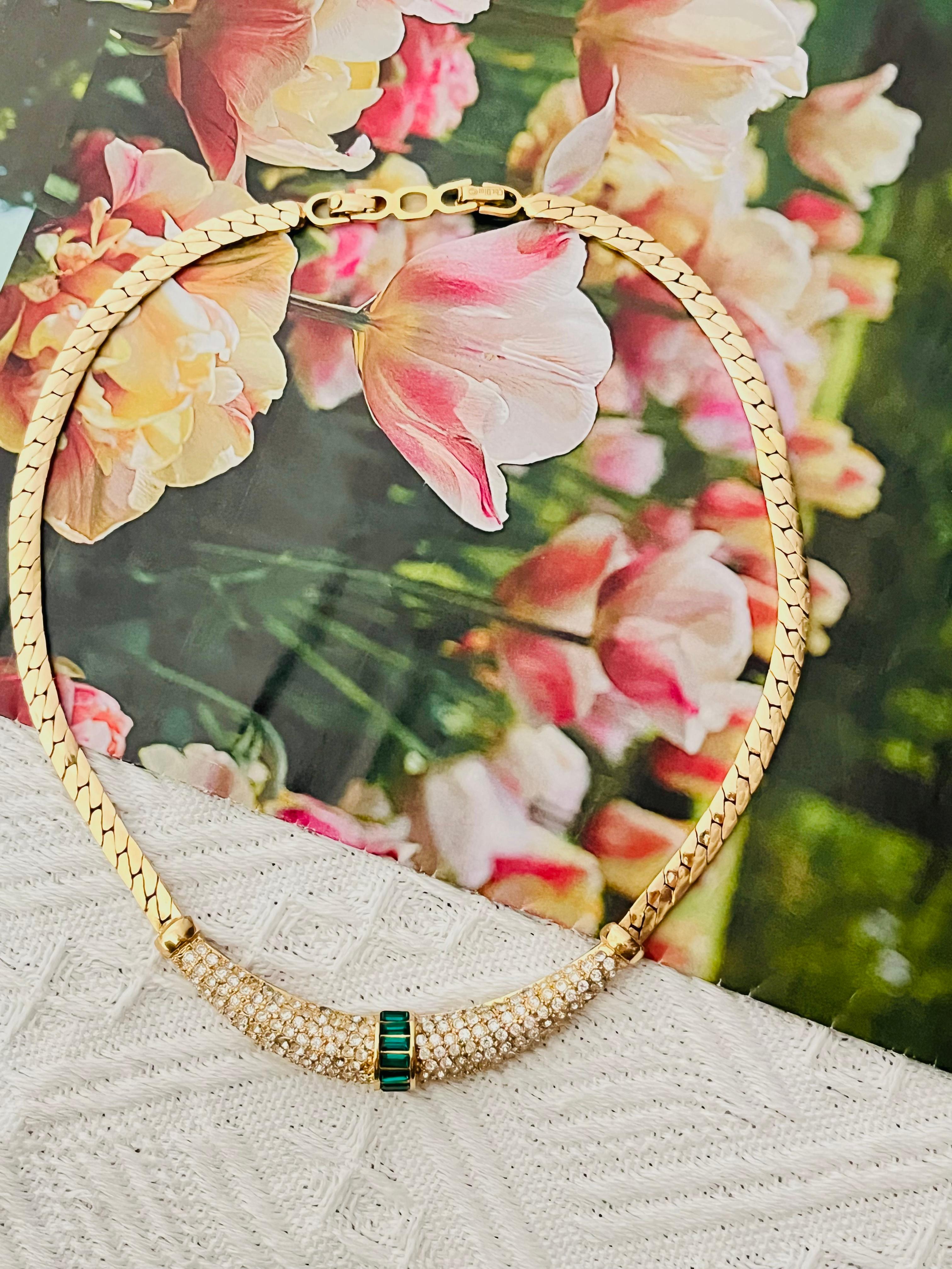 Christian Dior Vintage 1970s Gripoix Emerald Moon Crystals Crescent Necklace 1