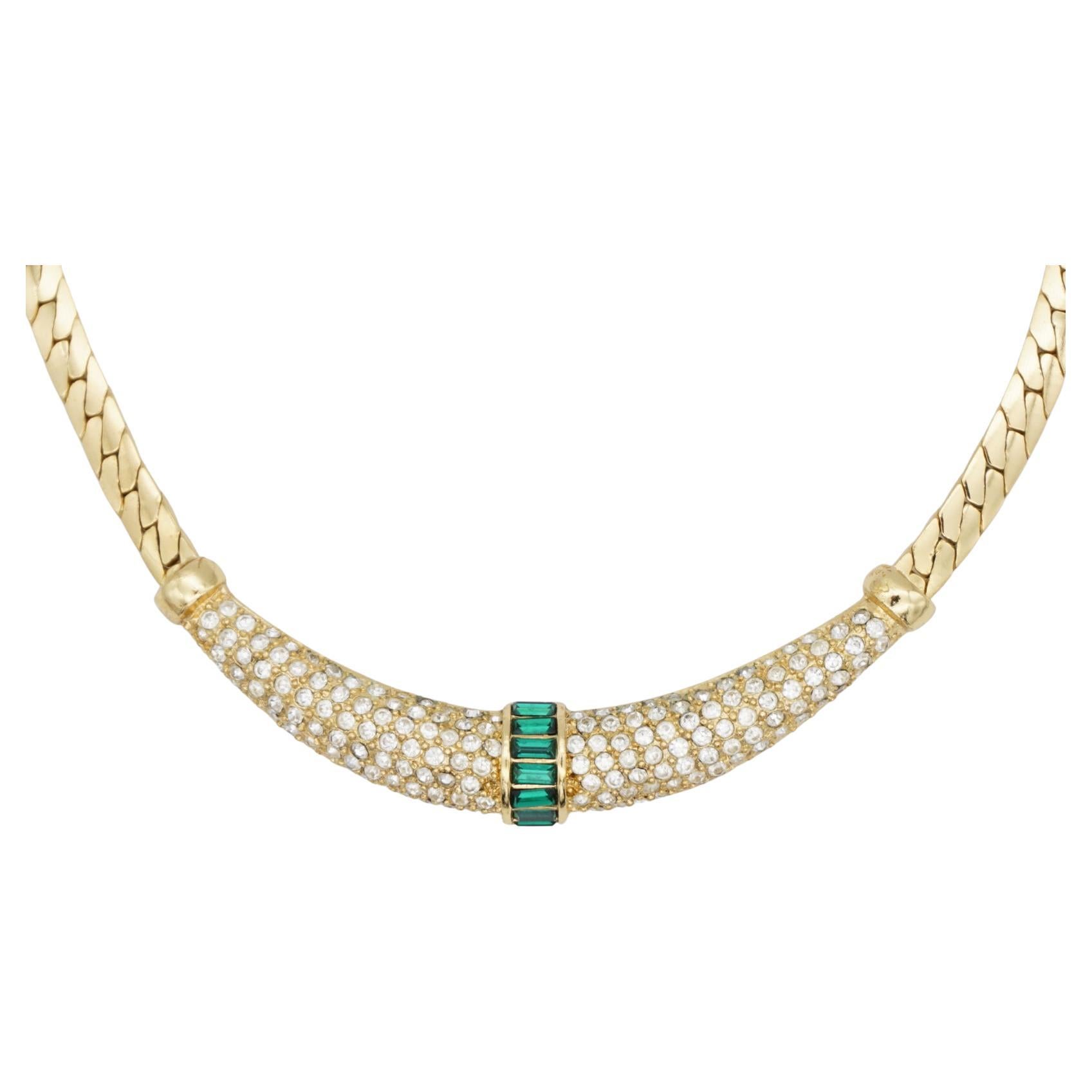 Christian Dior Vintage 1970s Gripoix Emerald Moon Crystals Crescent Necklace