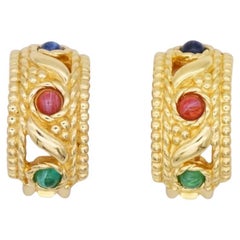 Christian Dior Vintage 1970s Gripoix Ruby Emerald Sapphire Baroque Clip Earrings