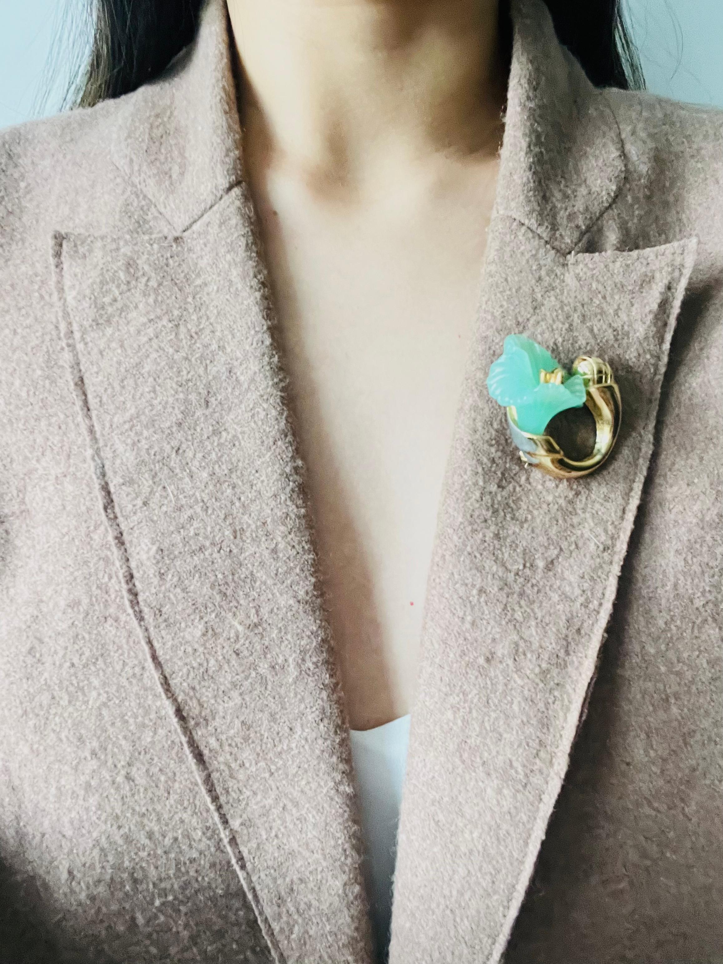 Christian Dior Vintage 1970s Jade Light Frost Green Flower Curled Stem Brooch 1