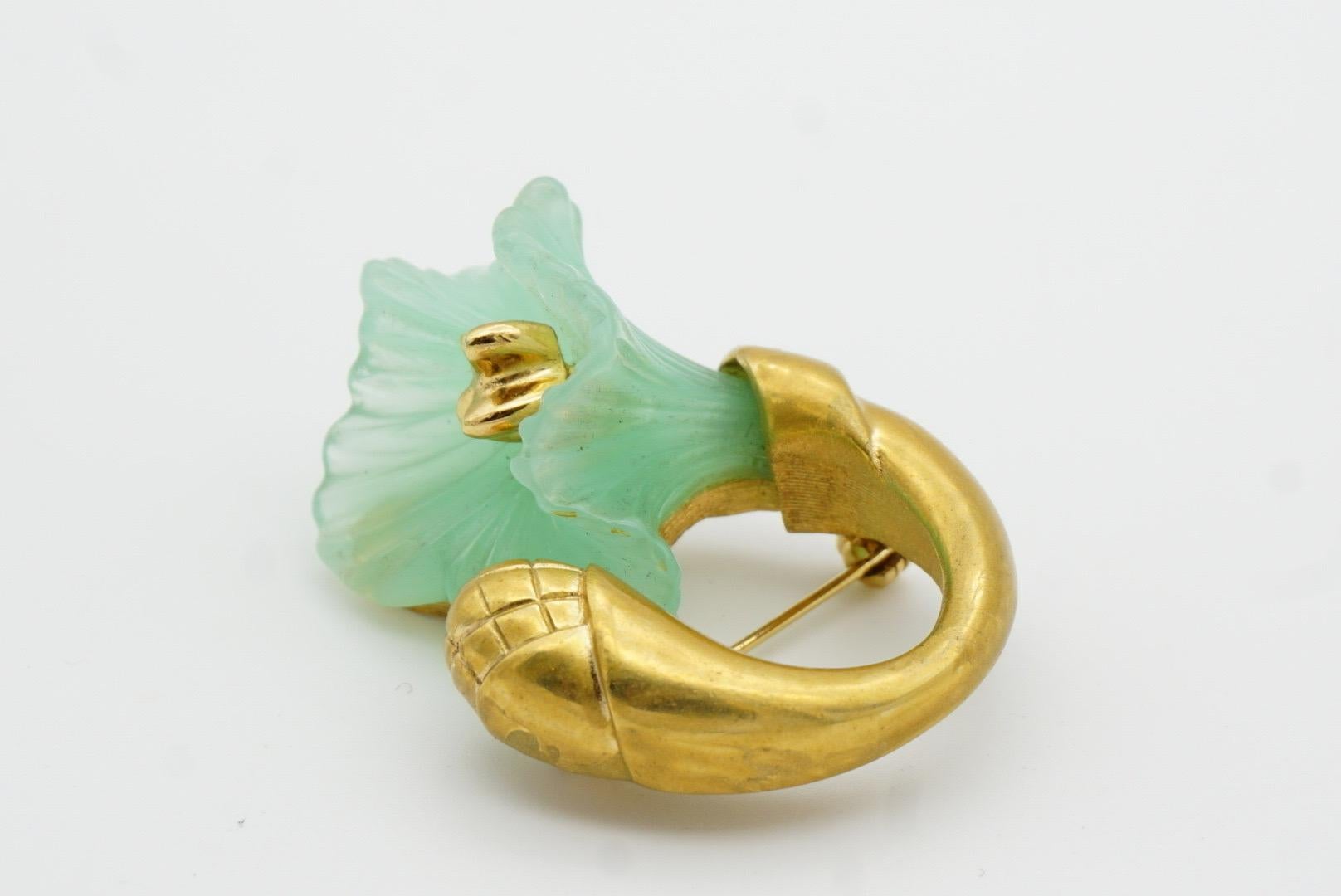 Christian Dior Vintage 1970s Jade Light Frost Green Flower Curled Stem Brooch 2