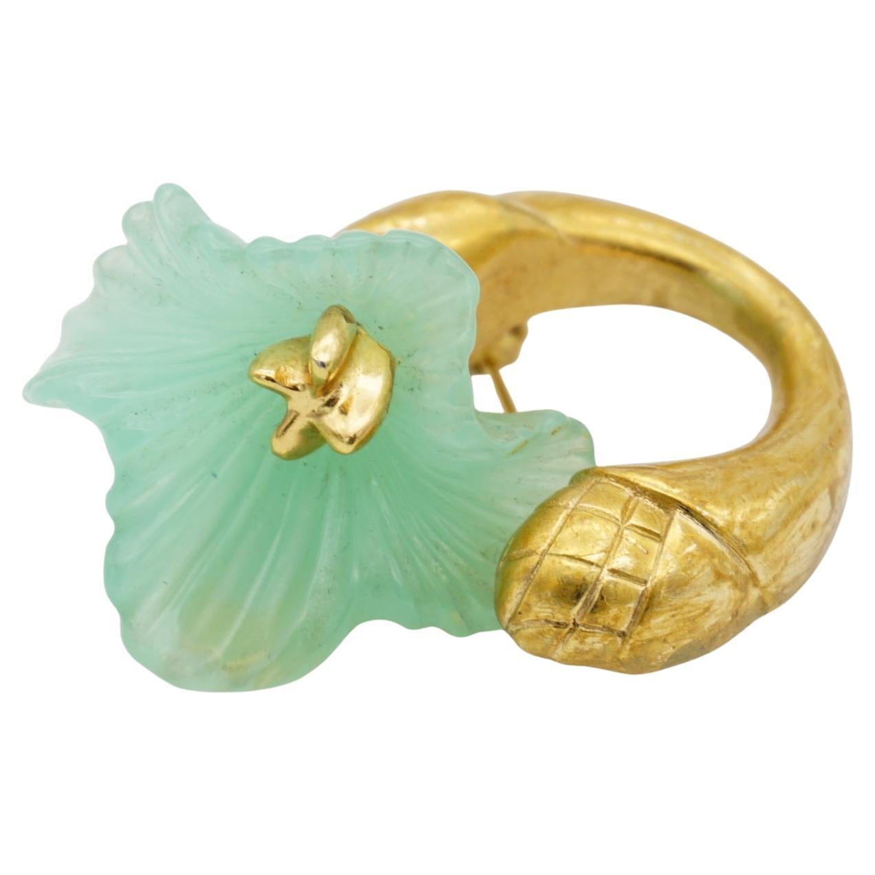 Christian Dior Vintage 1970s Jade Light Frost Green Flower Curled Stem Brooch