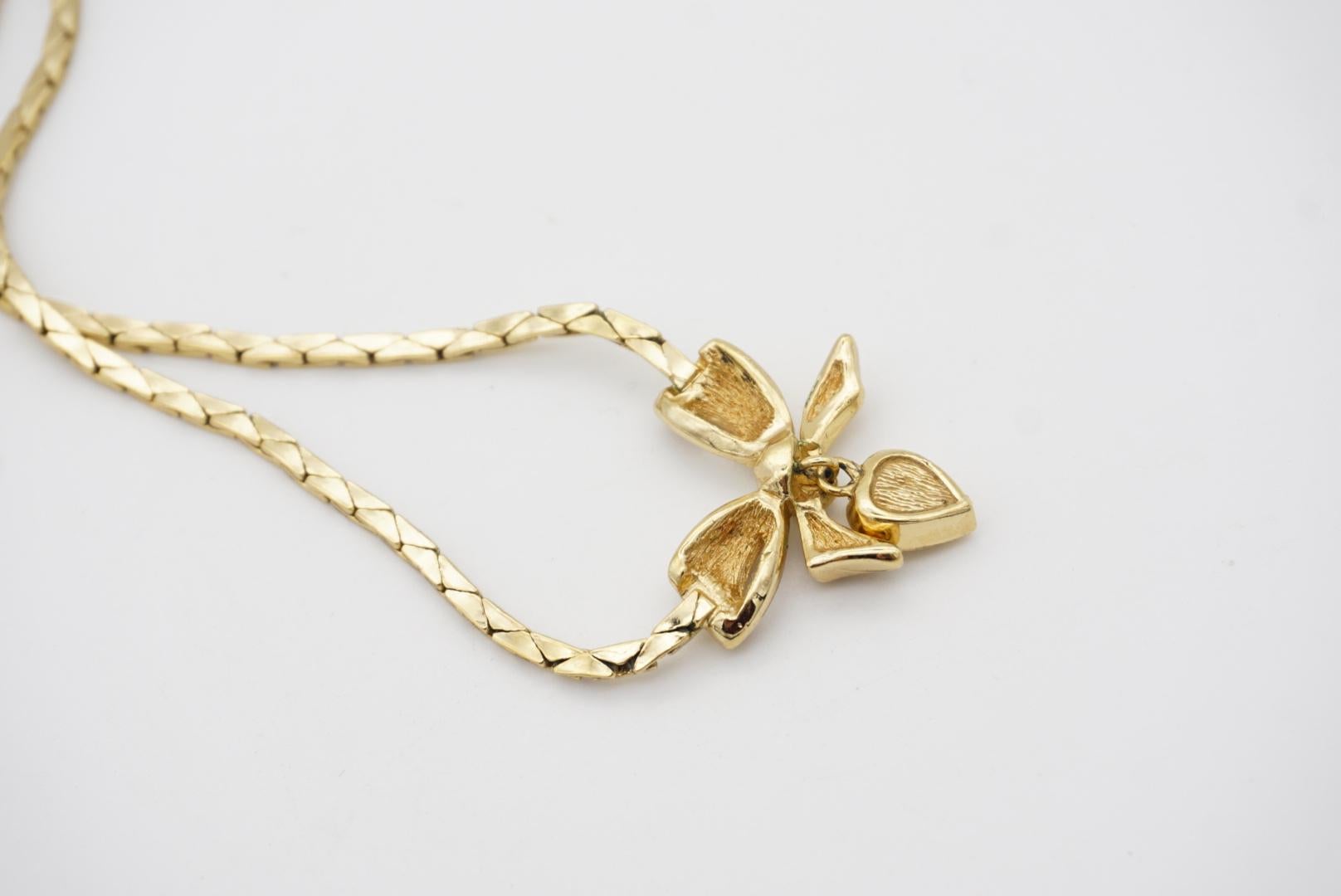 Christian Dior Vintage 1970s Knot Bow Crystals Heart Gold Drop Pendant Necklace For Sale 2