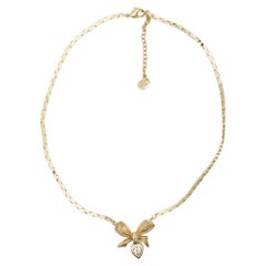 Christian Dior Retro 1970s Knot Bow Crystals Heart Gold Drop Pendant Necklace