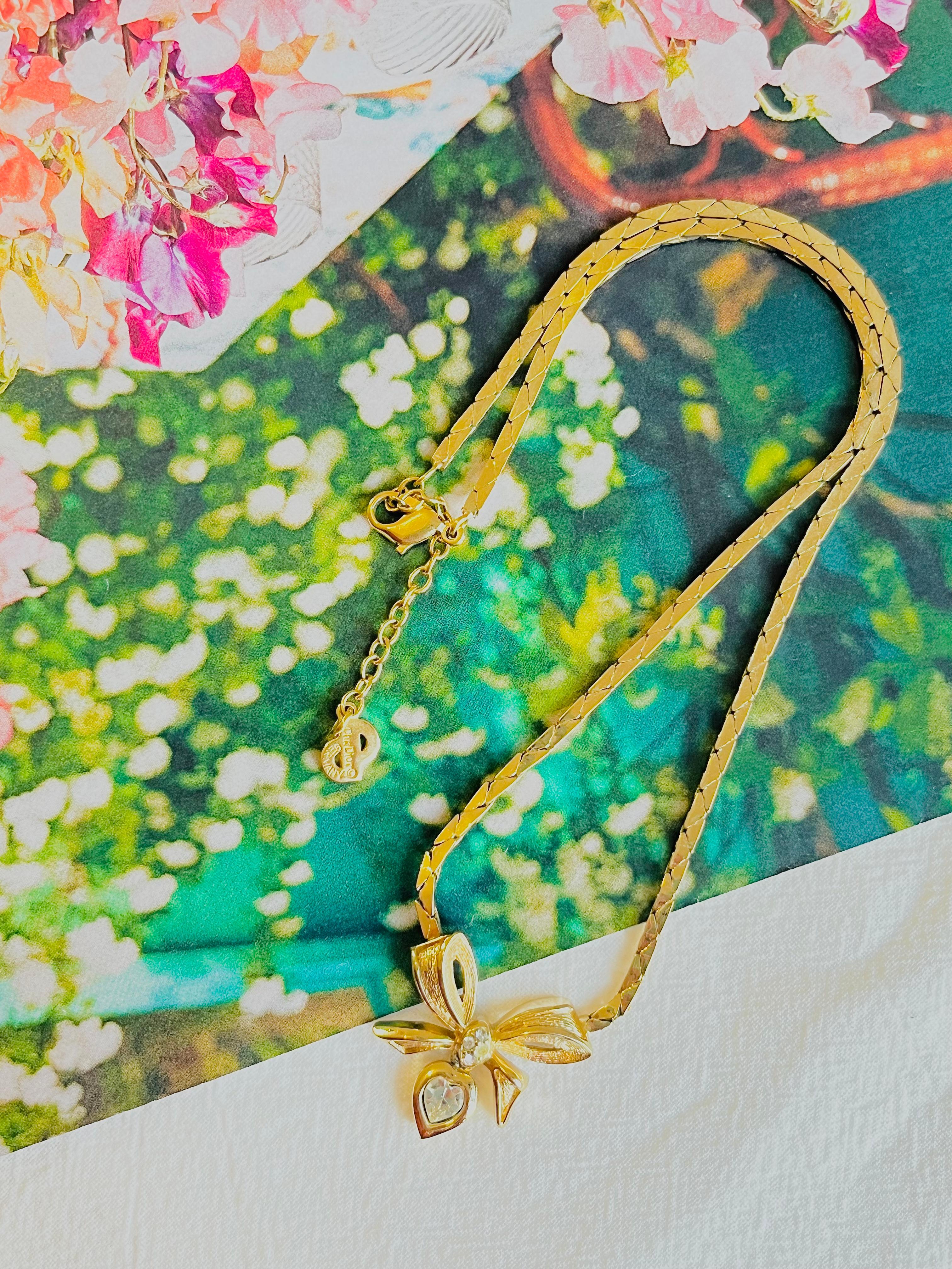 Art Deco Christian Dior Vintage 1970s Knot Bow Crystals Heart Gold Drop Pendant Necklace