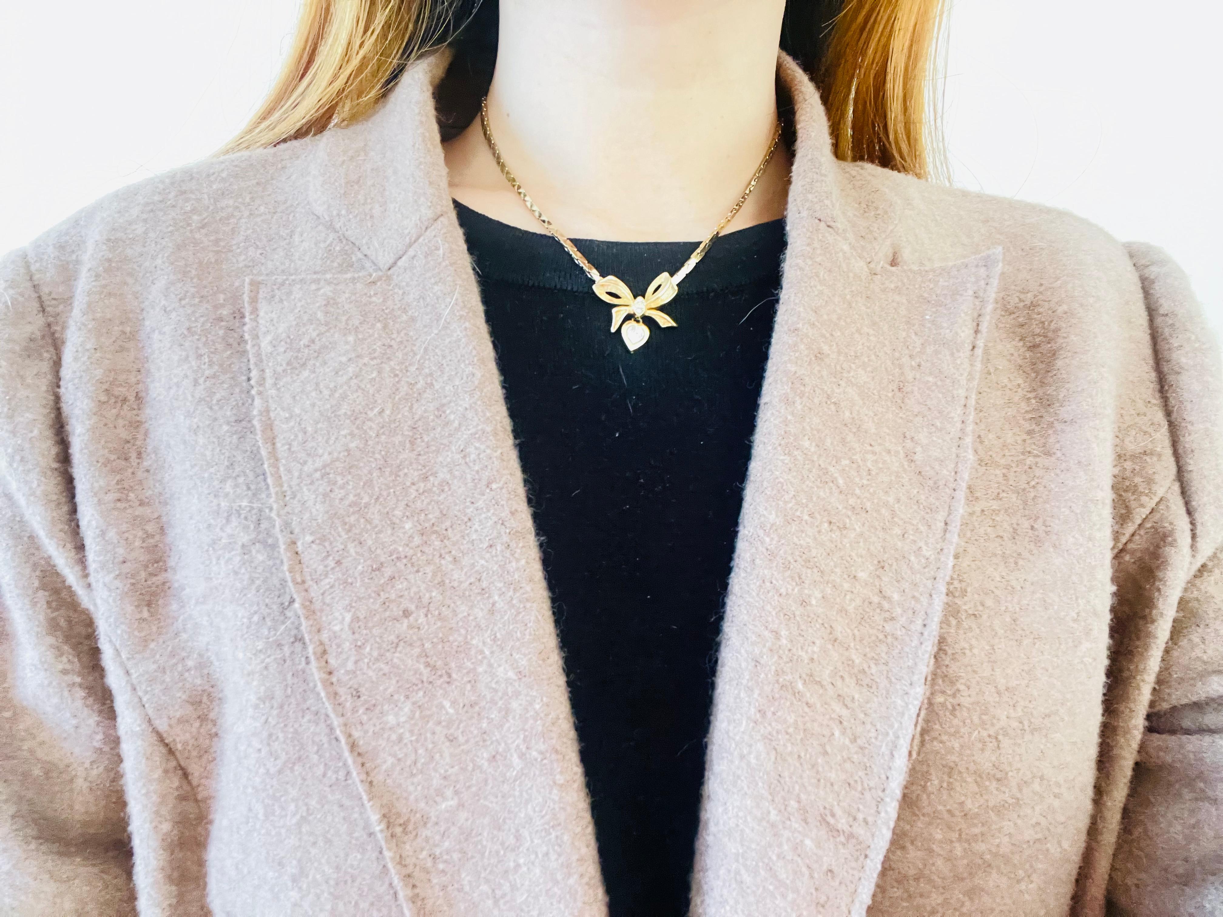 Art Deco Christian Dior Vintage 1970s Knot Bow Crystals Heart Gold Drop Pendant Necklace