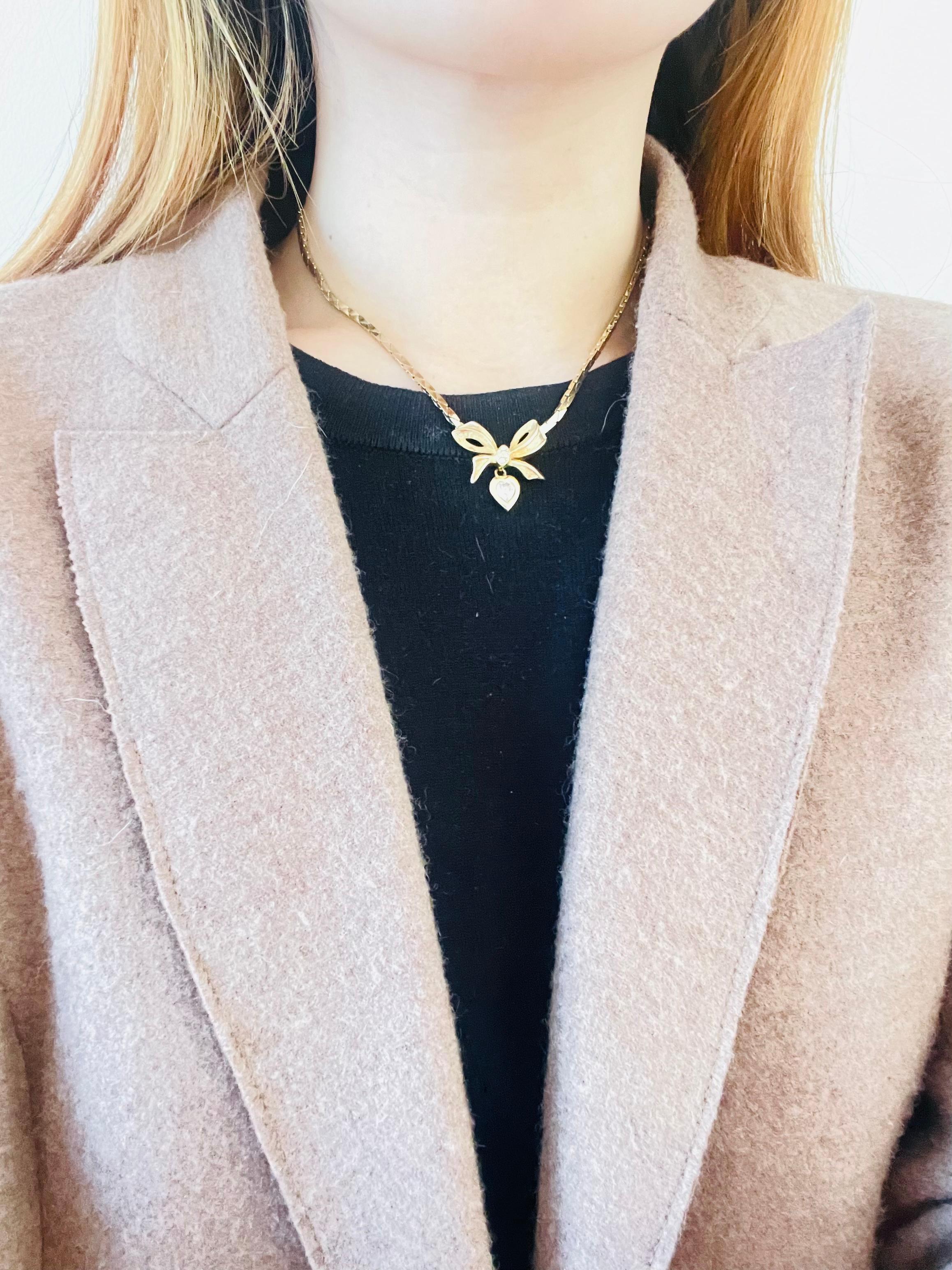 Christian Dior Vintage 1970s Knot Bow Crystals Heart Gold Drop Pendant Necklace 1