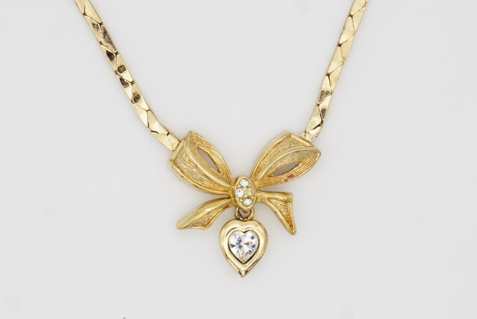 Christian Dior Vintage 1970s Knot Bow Crystals Heart Gold Drop Pendant Necklace 3