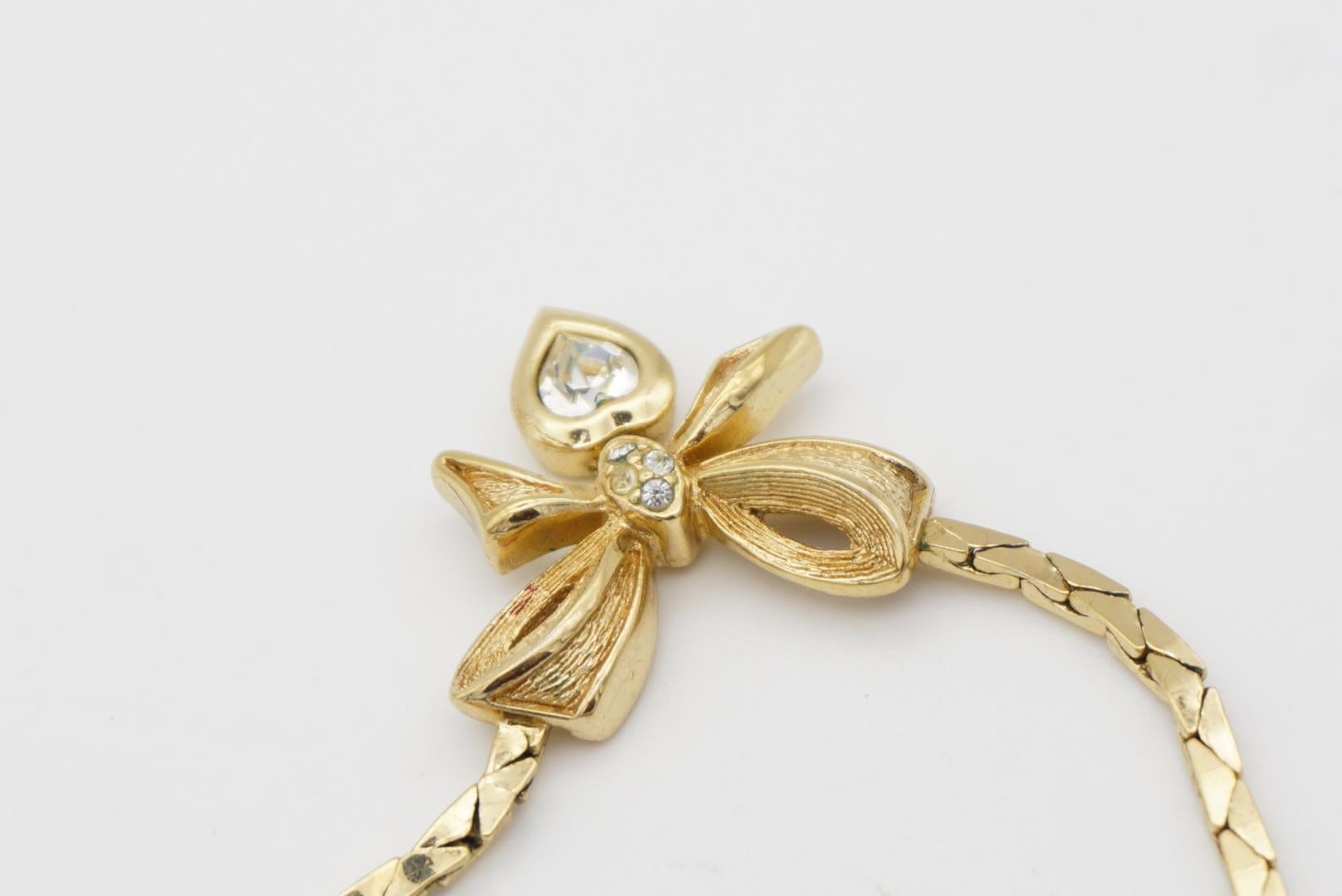 Christian Dior Vintage 1970s Knot Bow Crystals Heart Gold Drop Pendant Necklace 1