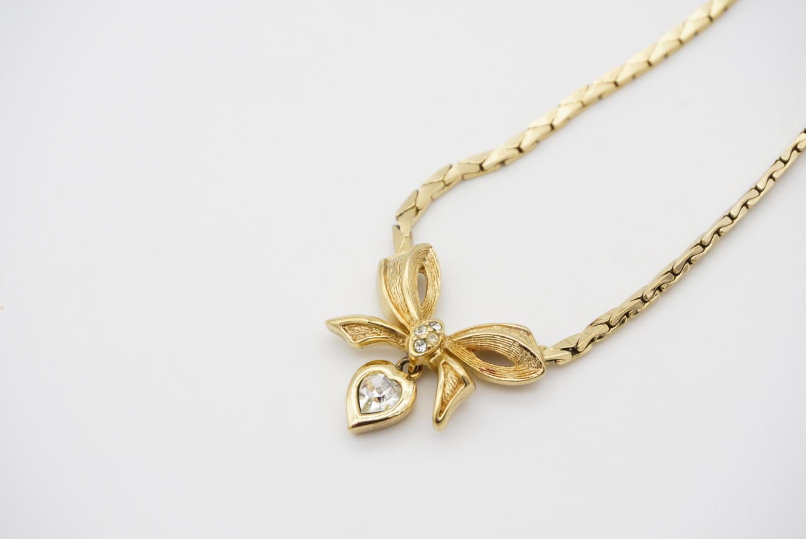 Christian Dior Vintage 1970s Knot Bow Crystals Heart Gold Drop Pendant Necklace 4