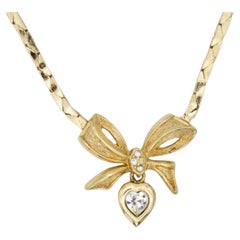 Christian Dior Vintage 1970s Knot Bow Crystals Heart Gold Drop Pendant Necklace