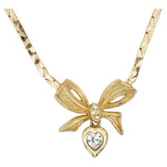 Christian Dior Vintage 1970s Knot Bow Crystals Heart Gold Drop Pendant Necklace