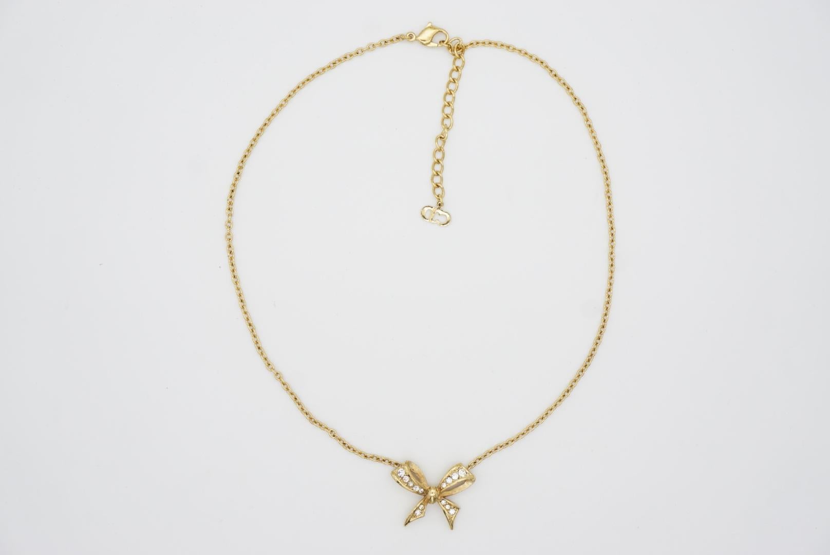 Artist Christian Dior Vintage 1970s Knot Bow Swarovski Crystals Gold Pendant Necklace