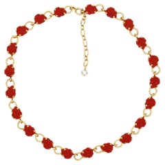 Christian Dior Vintage 1970s Large Interlocked Red Leaf Flower Openwork Necklace