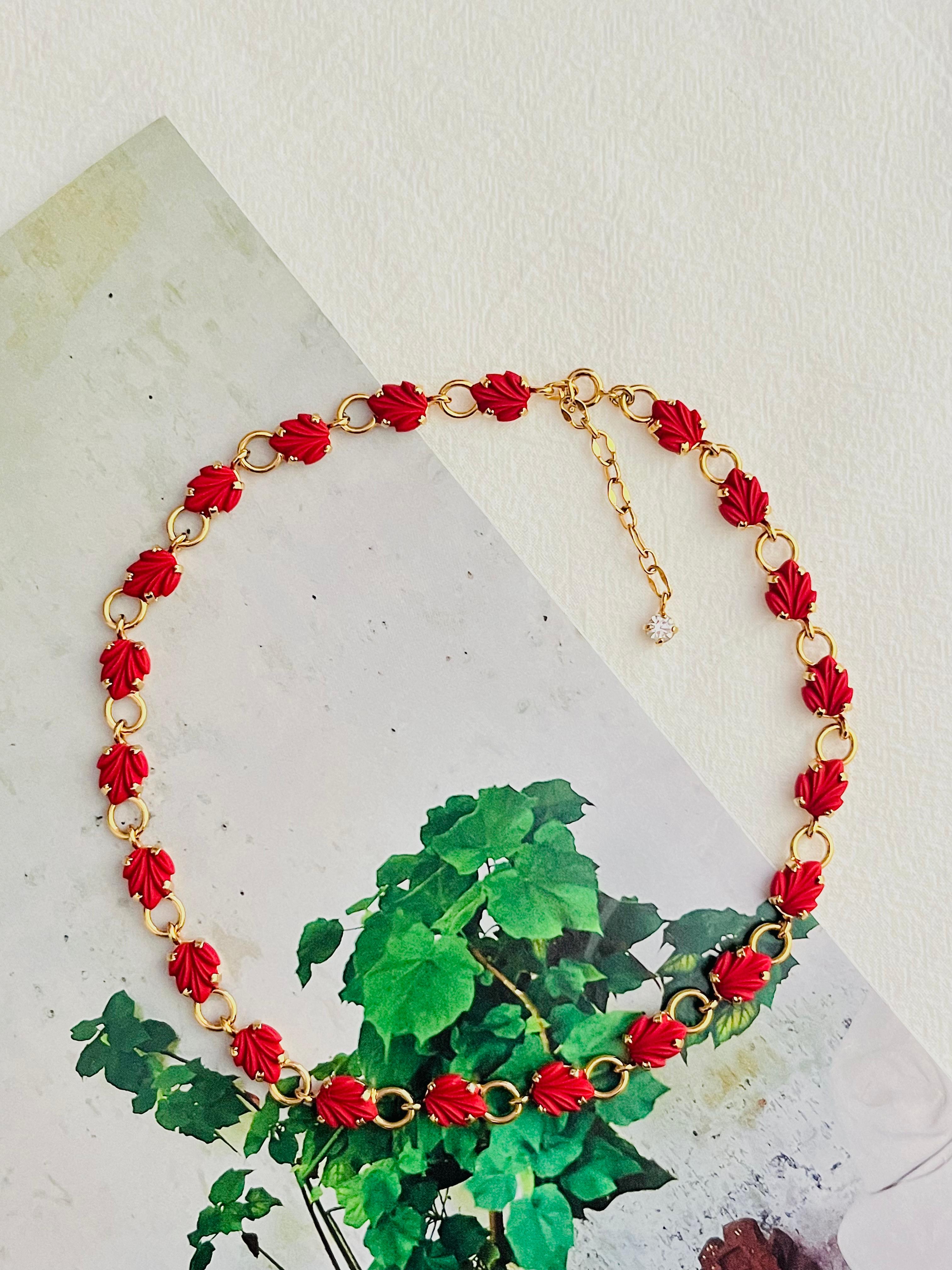 Art Deco Christian Dior Vintage 1970s Large Interlocked Red Leaf Flower Openwork Necklace For Sale