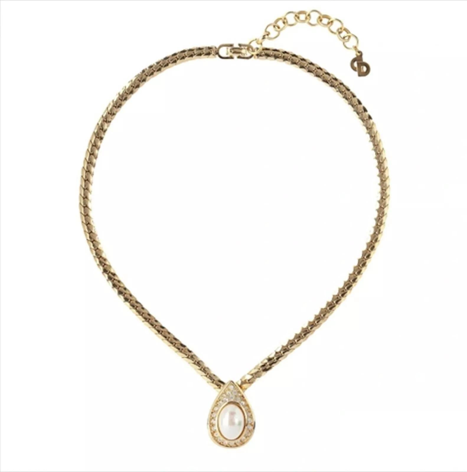 Christian Dior Vintage 1970s Large Oval Pearl Crystals Tear Water Drop Necklace 6