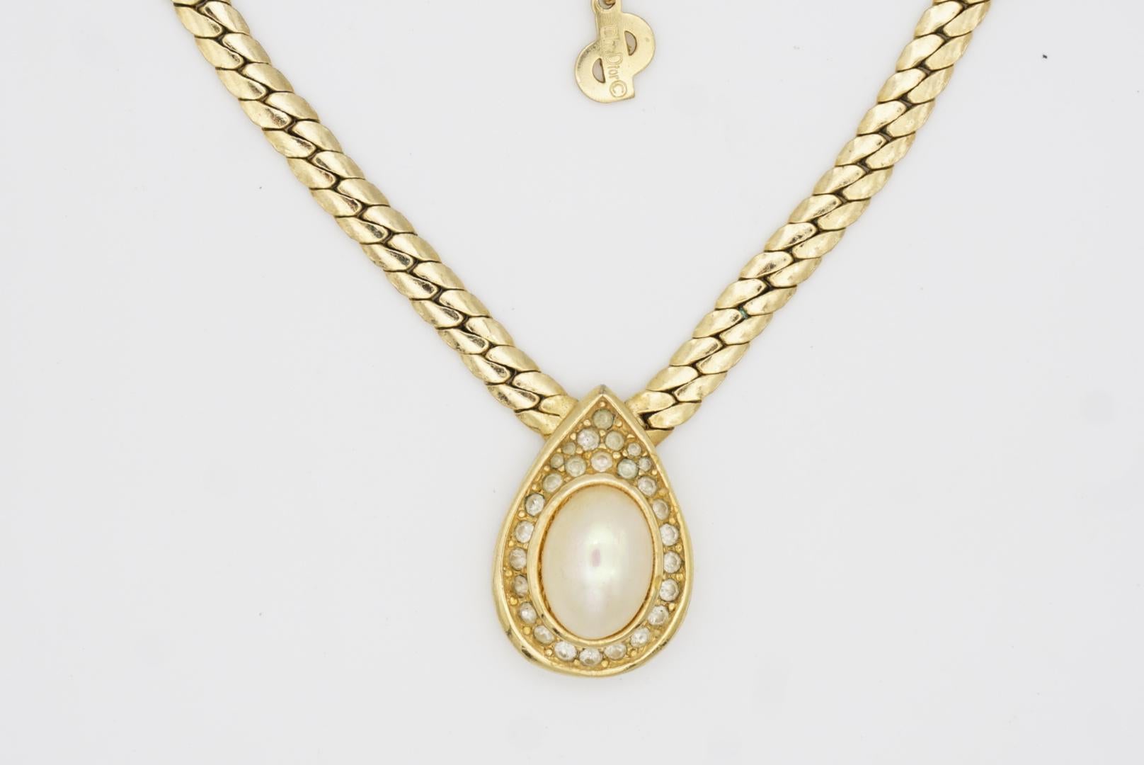 Christian Dior Vintage 1970s Large Oval Pearl Crystals Tear Water Drop Necklace 1