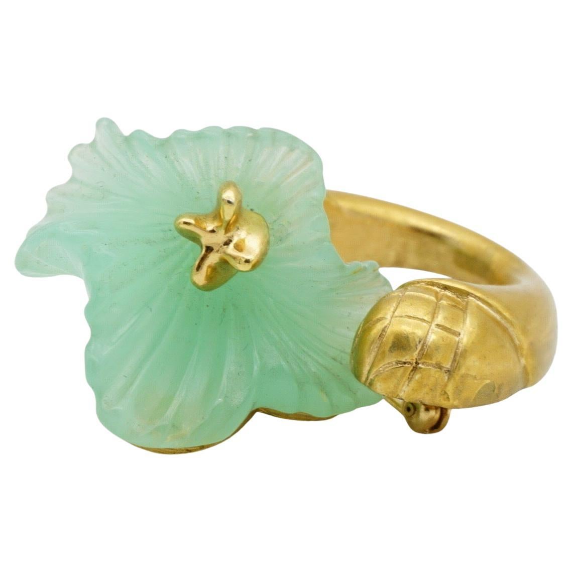 Christian Dior Vintage 1970s Light Frost Green Jade Flower Curled Stem Brooch For Sale