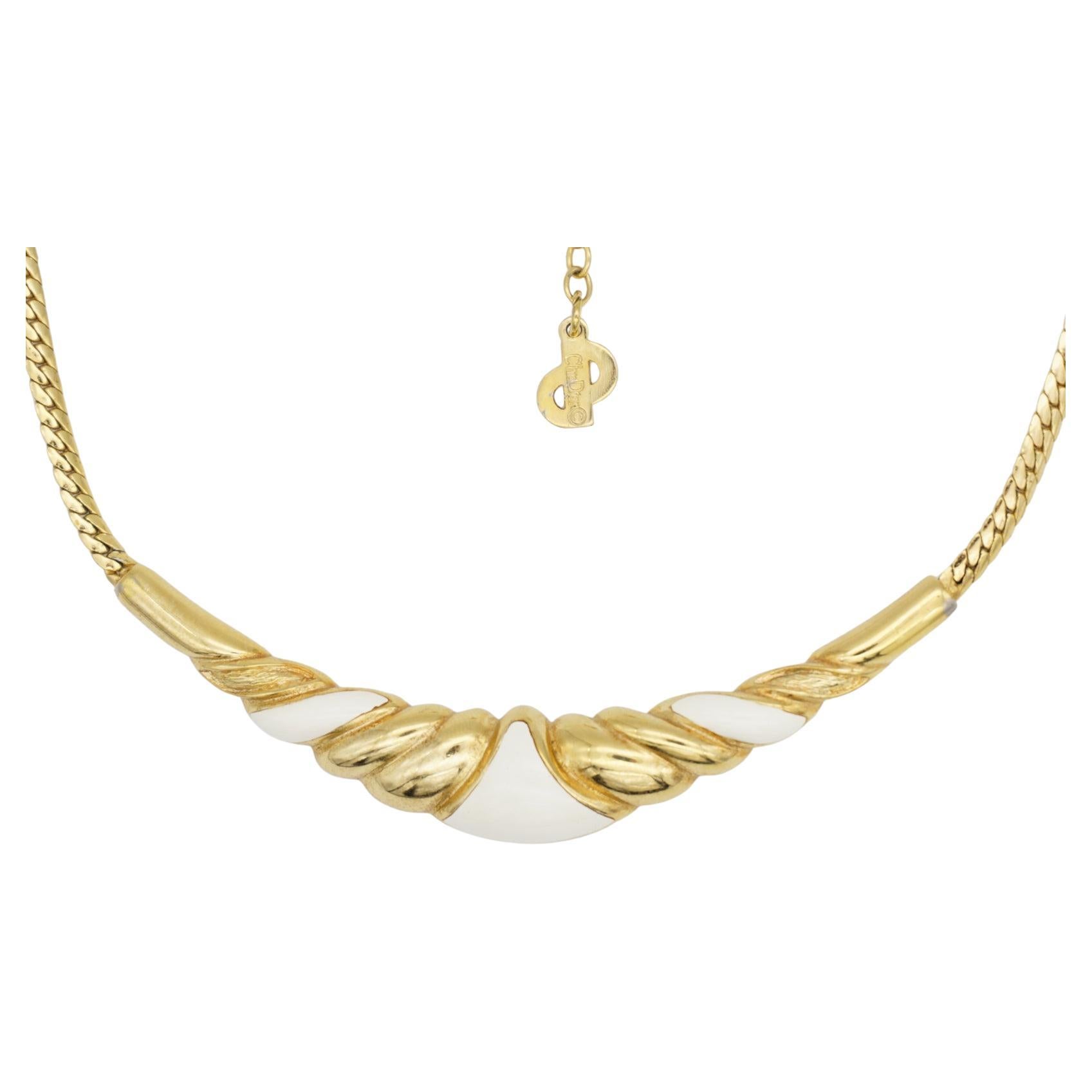 Christian Dior Vintage 1970s Long White Enamel Crescent Moon Triangle Necklace For Sale