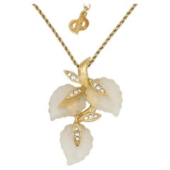 Christian Dior Vintage 1970s Matte Frost Leaf Flower Crystals Pendant Necklace