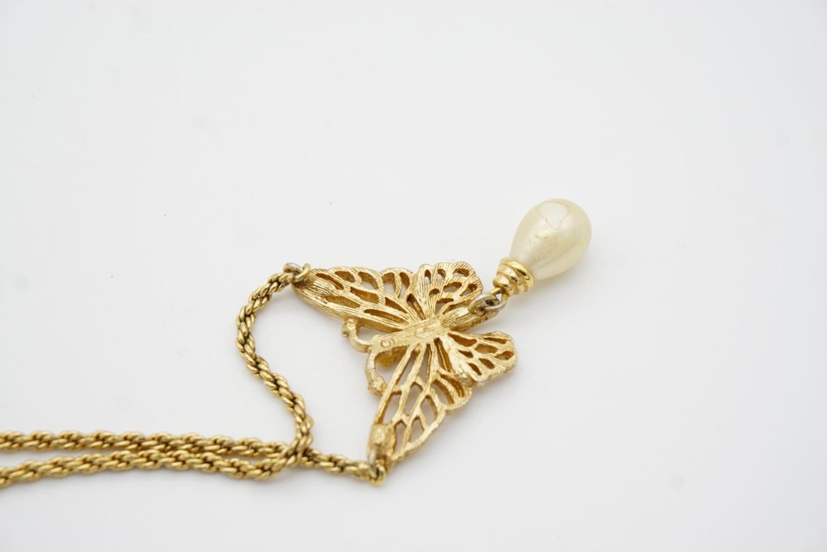 Christian Dior Vintage 1970s Openwork Butterfly Pearl Teardrop Pendant Necklace 2