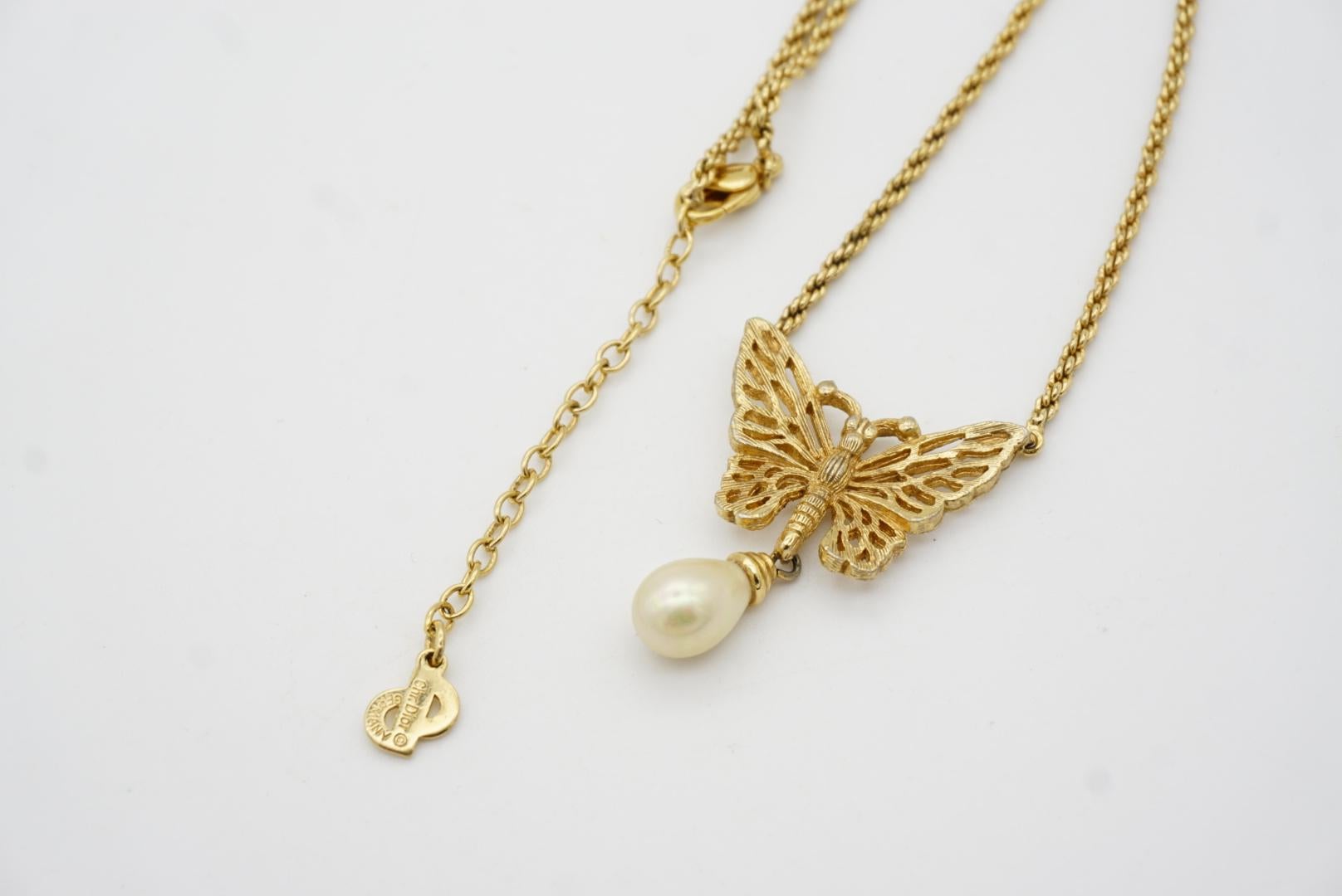 Christian Dior Vintage 1970s Openwork Butterfly Pearl Teardrop Pendant Necklace 3