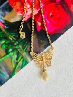 Christian Dior Vintage 1970s Openwork Butterfly Pearl Teardrop Pendant Necklace