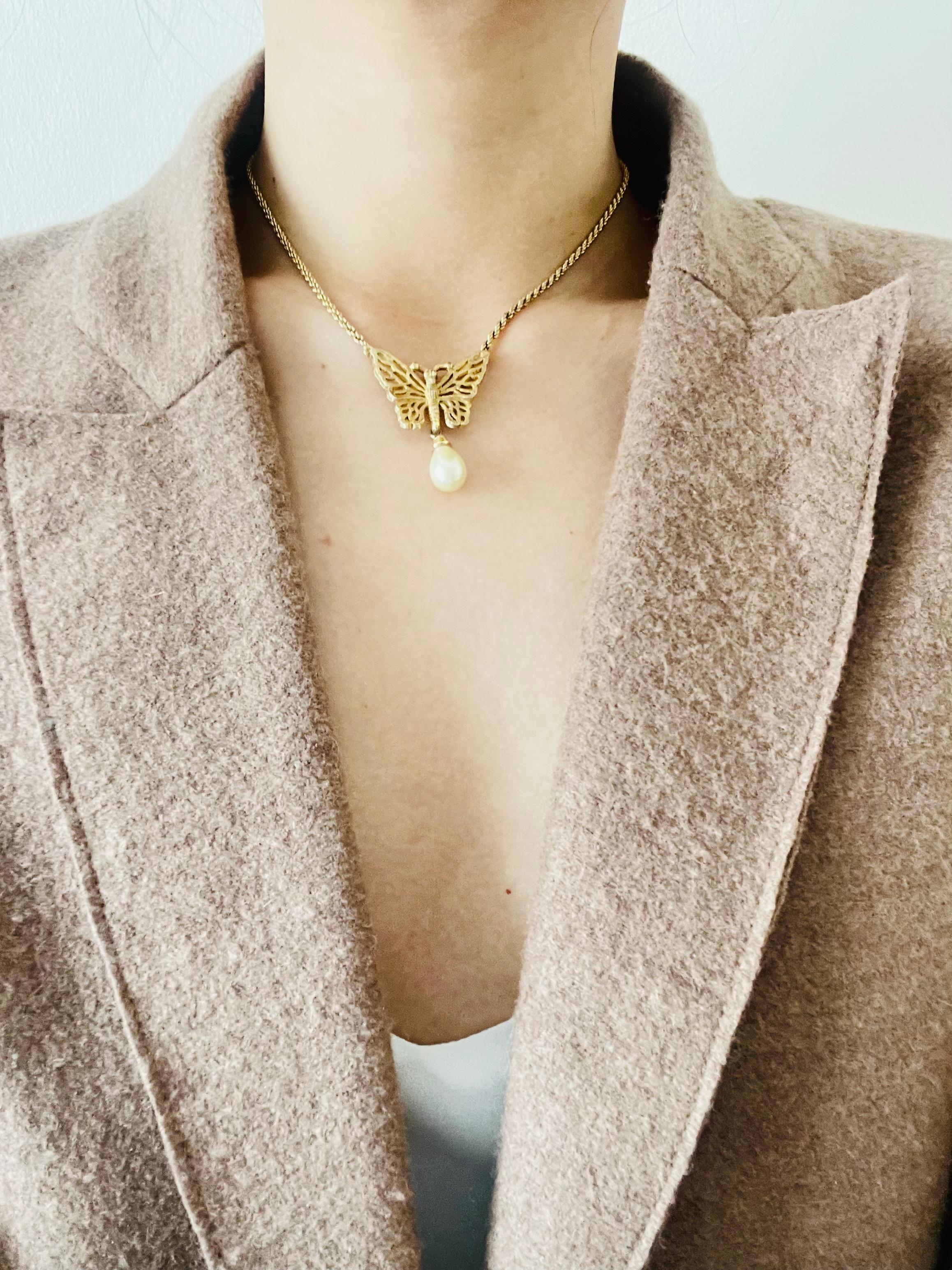Art Deco Christian Dior Vintage 1970s Openwork Butterfly Pearl Teardrop Pendant Necklace
