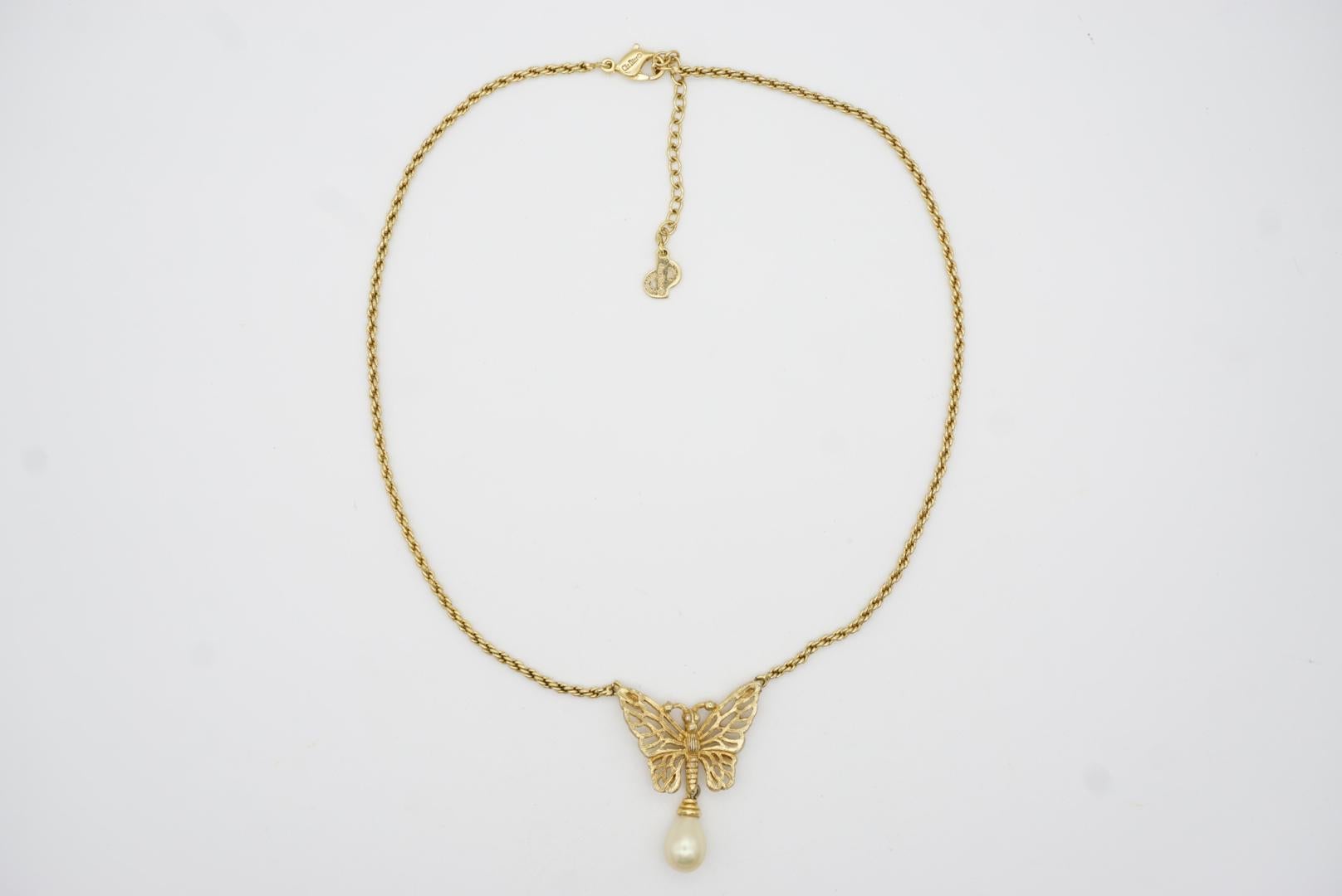 Christian Dior Vintage 1970s Openwork Butterfly Pearl Teardrop Pendant Necklace In Good Condition In Wokingham, England