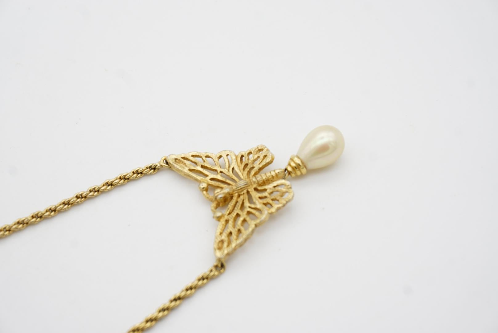Christian Dior Vintage 1970s Openwork Butterfly Pearl Teardrop Pendant Necklace 1