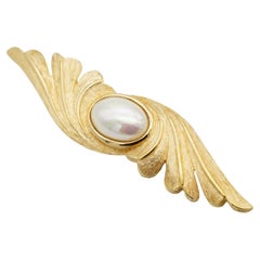 Christian Dior Vintage 1970s Oval Pearl Gold Symmetric Feather Leaf Wing Brooch