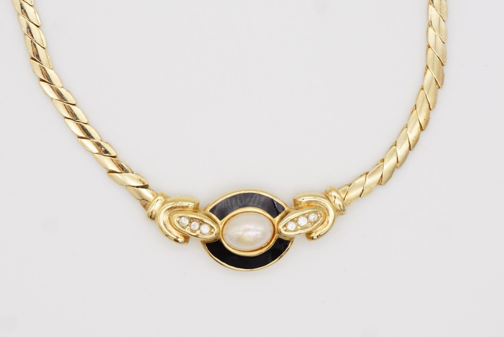 Christian Dior Vintage 1970s Oval White Pearl Black Enamel Crystals Necklace 3