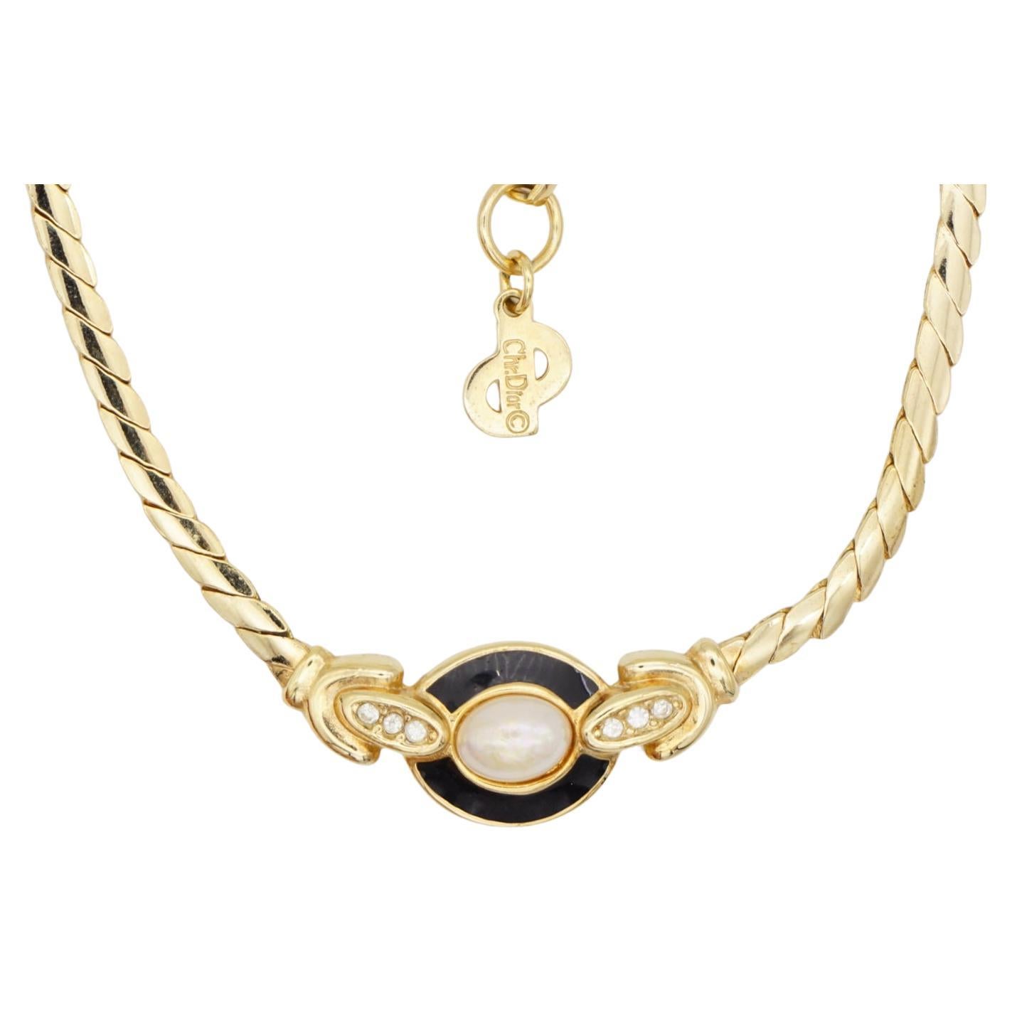 Christian Dior Vintage 1970s Oval White Pearl Black Enamel Crystals Necklace