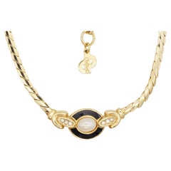 Christian Dior Vintage 1970s Oval White Pearl Black Enamel Crystals Necklace
