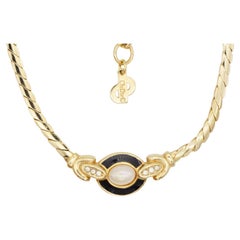Christian Dior Vintage 1970s Oval White Pearl Black Enamel Crystals Necklace