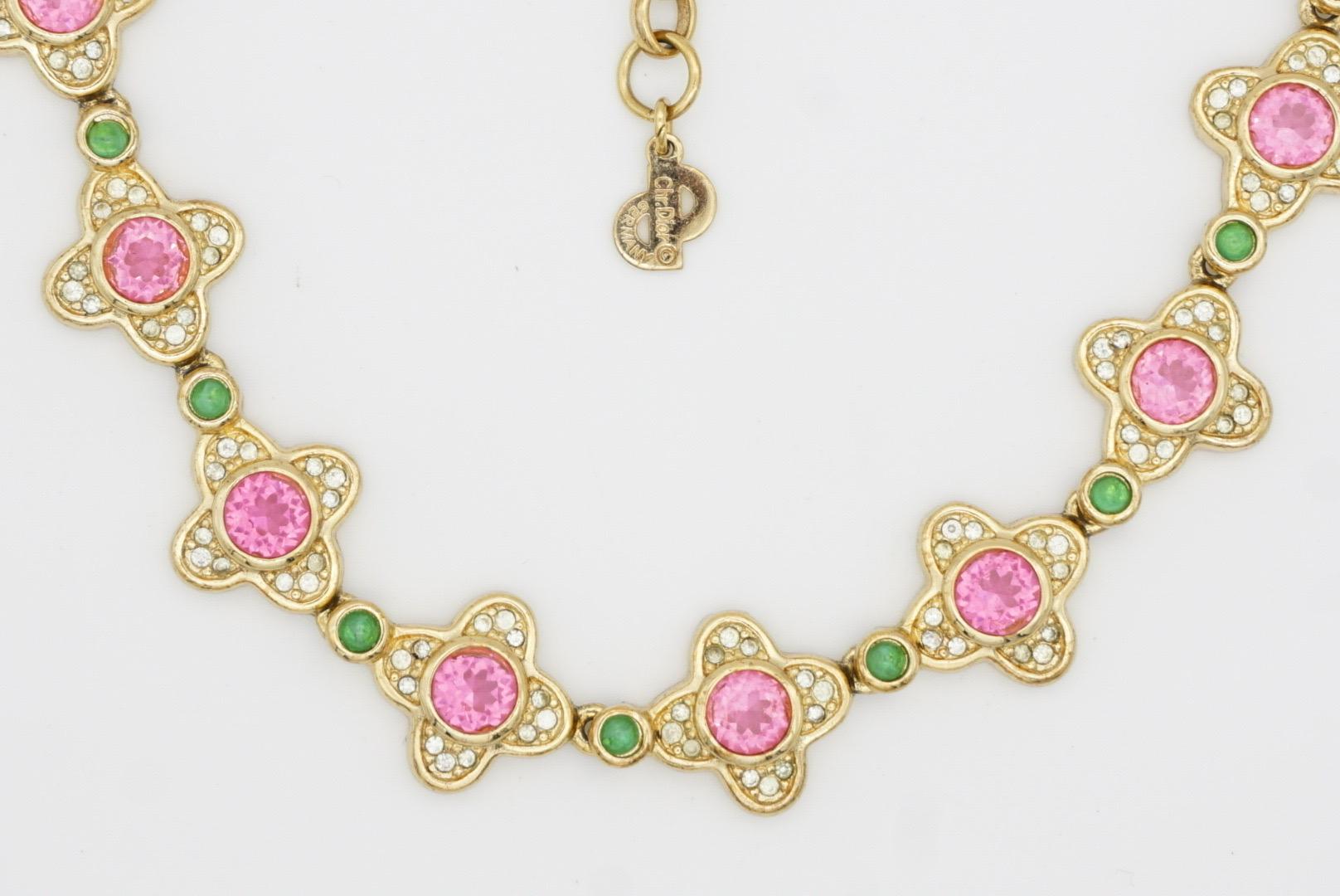Christian Dior Vintage 1970s Pink Clover Flower Emerald Dots Crystals Necklace For Sale 5