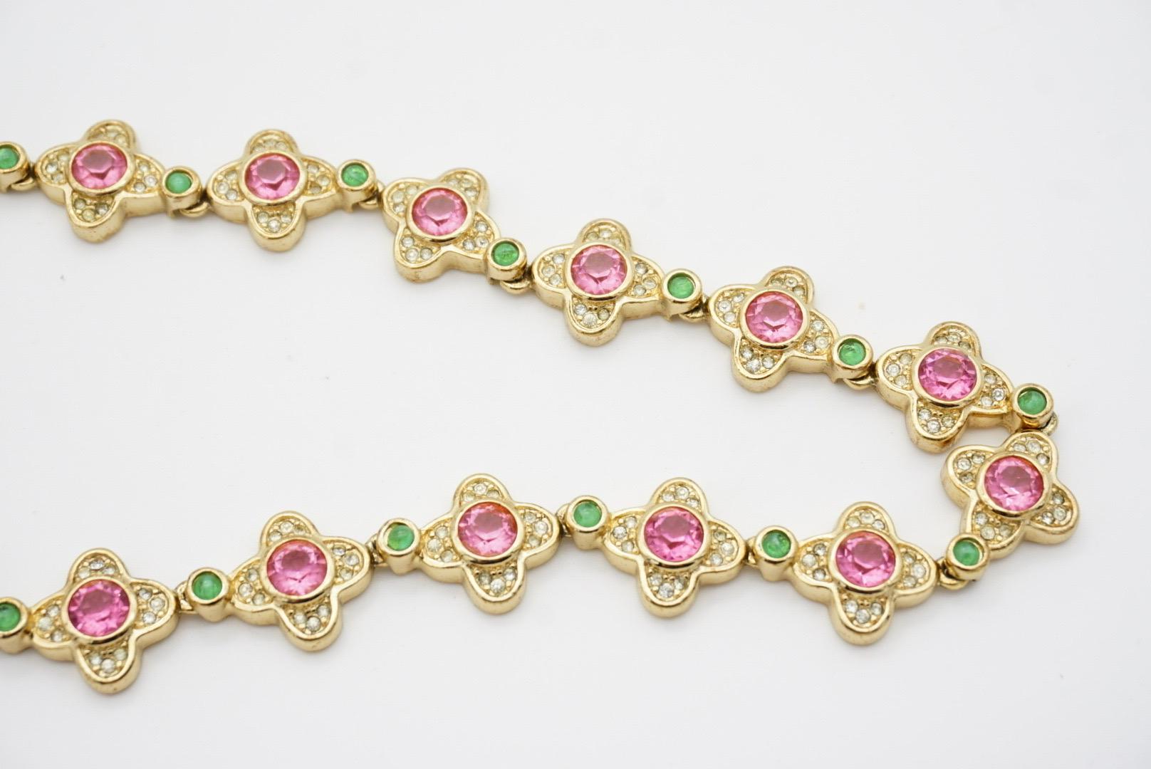Christian Dior Vintage 1970s Pink Clover Flower Emerald Dots Crystals Necklace For Sale 6