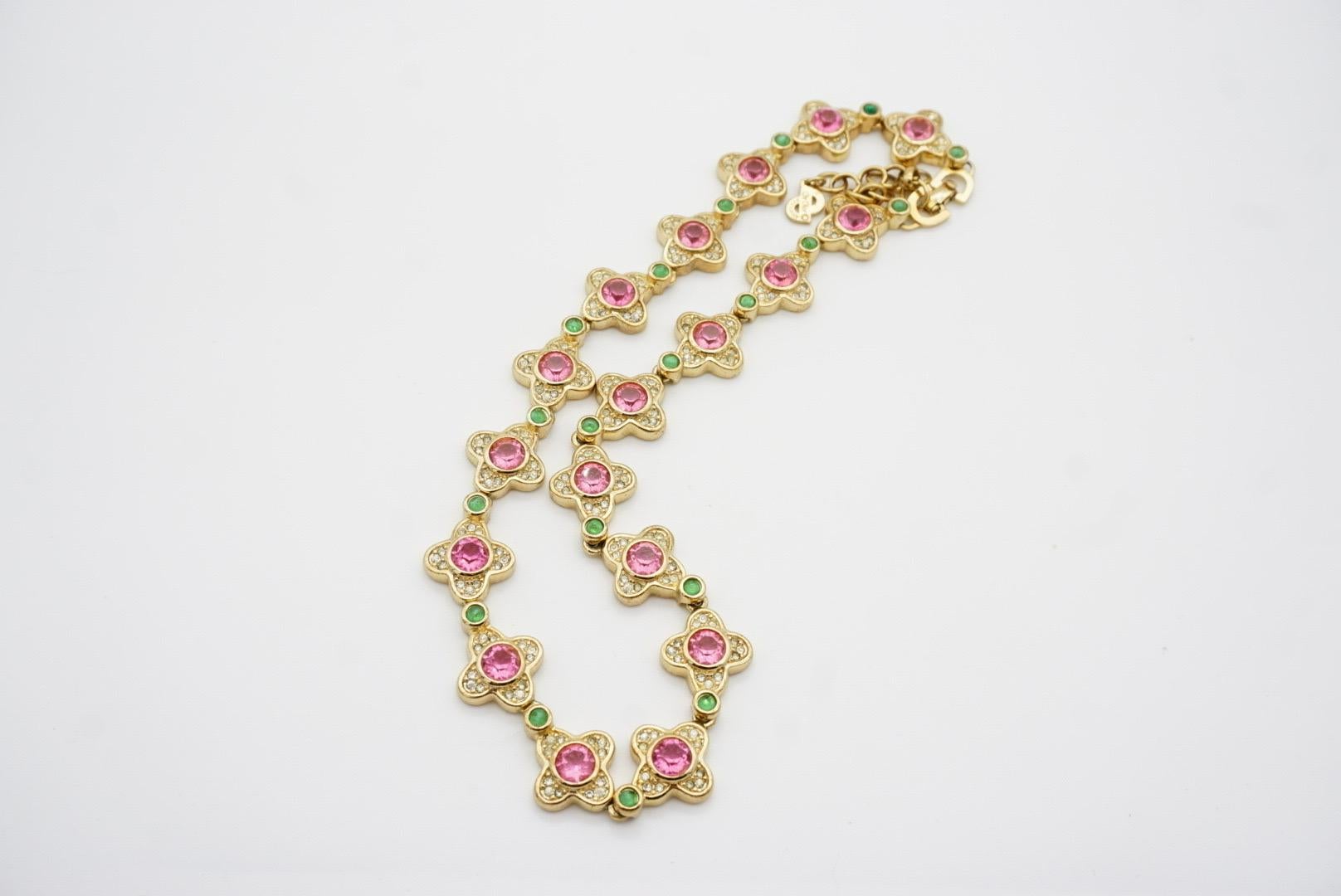 Christian Dior Vintage 1970s Pink Clover Flower Emerald Dots Crystals Necklace For Sale 8