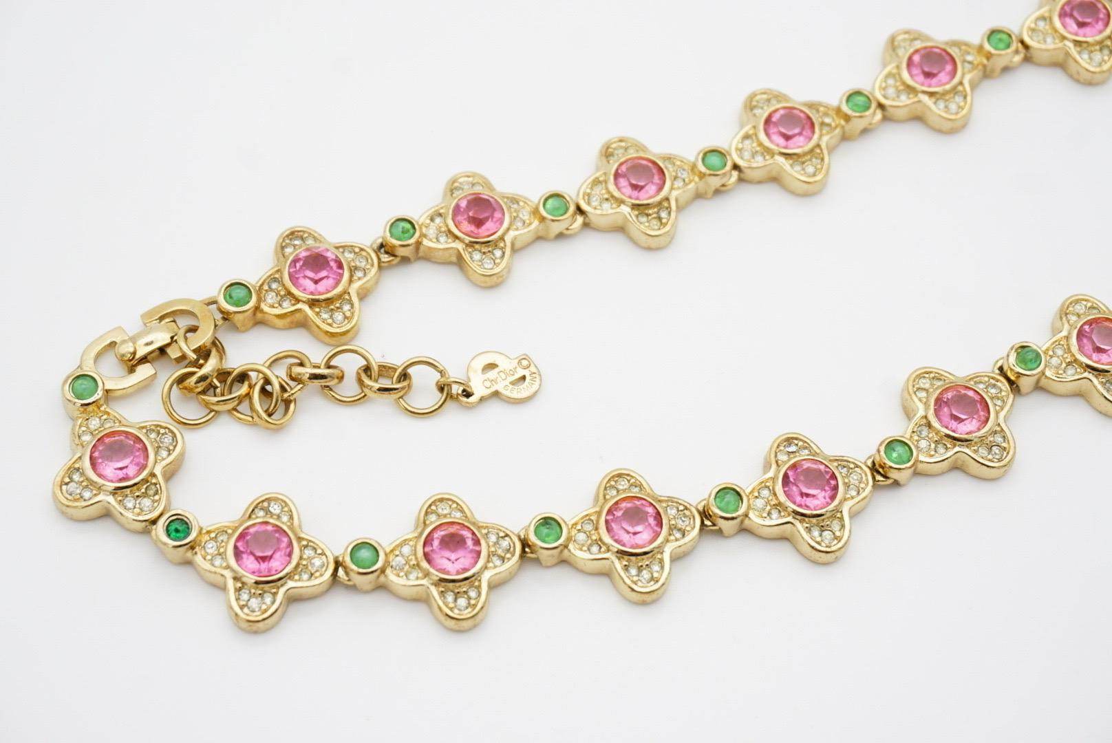 Christian Dior Vintage 1970s Pink Clover Flower Emerald Dots Crystals Necklace For Sale 8