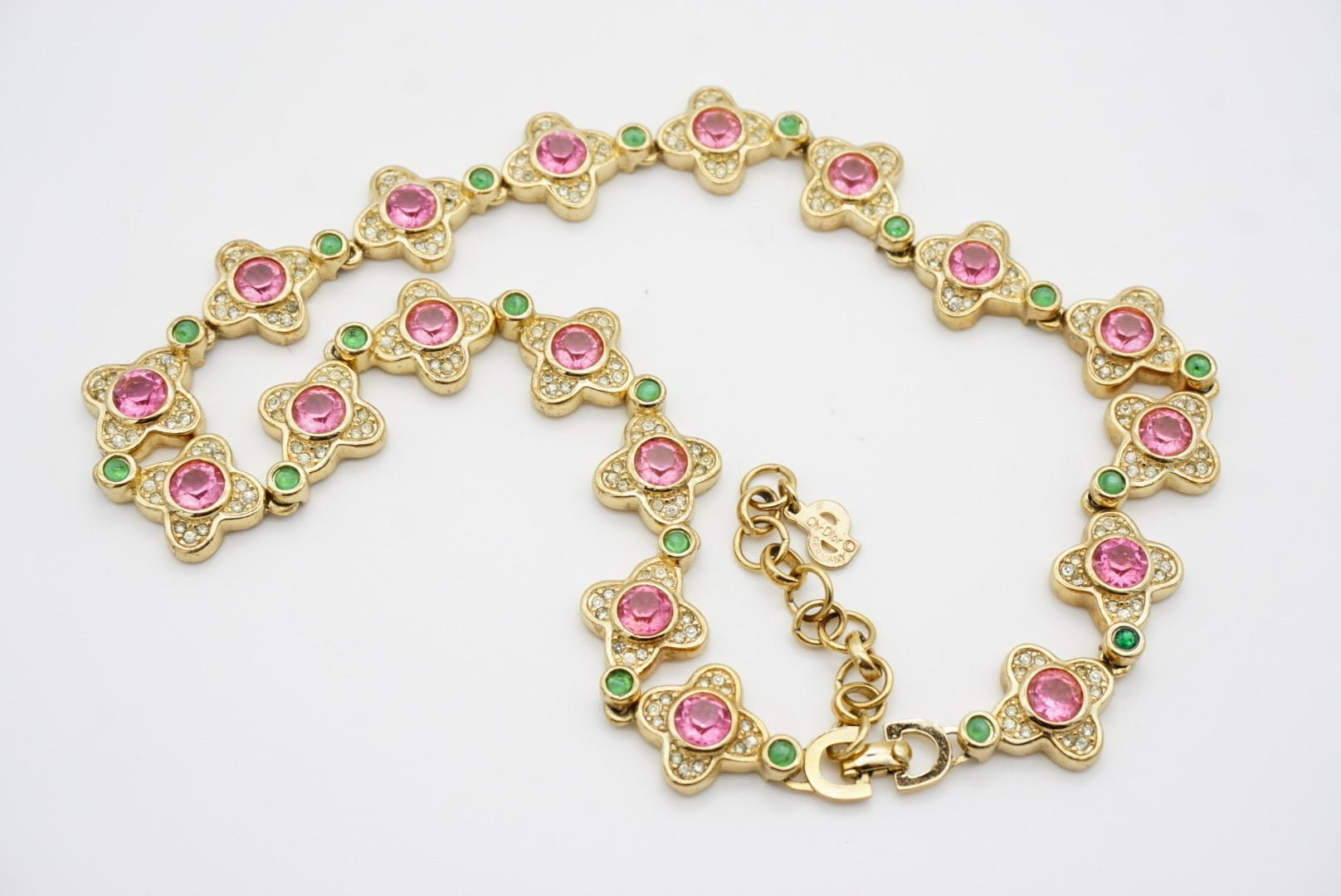 Christian Dior Vintage 1970s Pink Clover Flower Emerald Dots Crystals Necklace For Sale 9