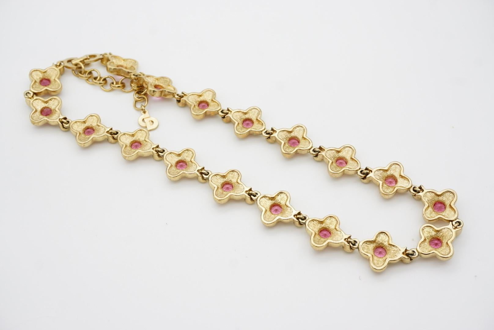 Christian Dior Vintage 1970s Pink Clover Flower Emerald Dots Crystals Necklace For Sale 10